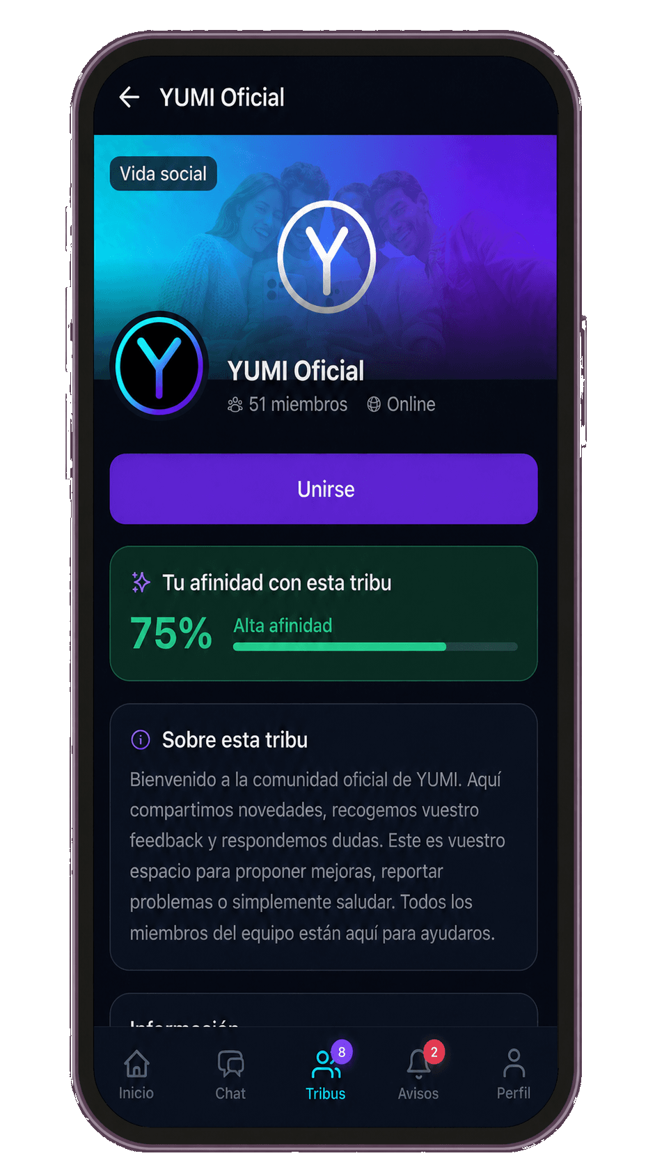 App de YUMI mostrando la pantalla de Tribus